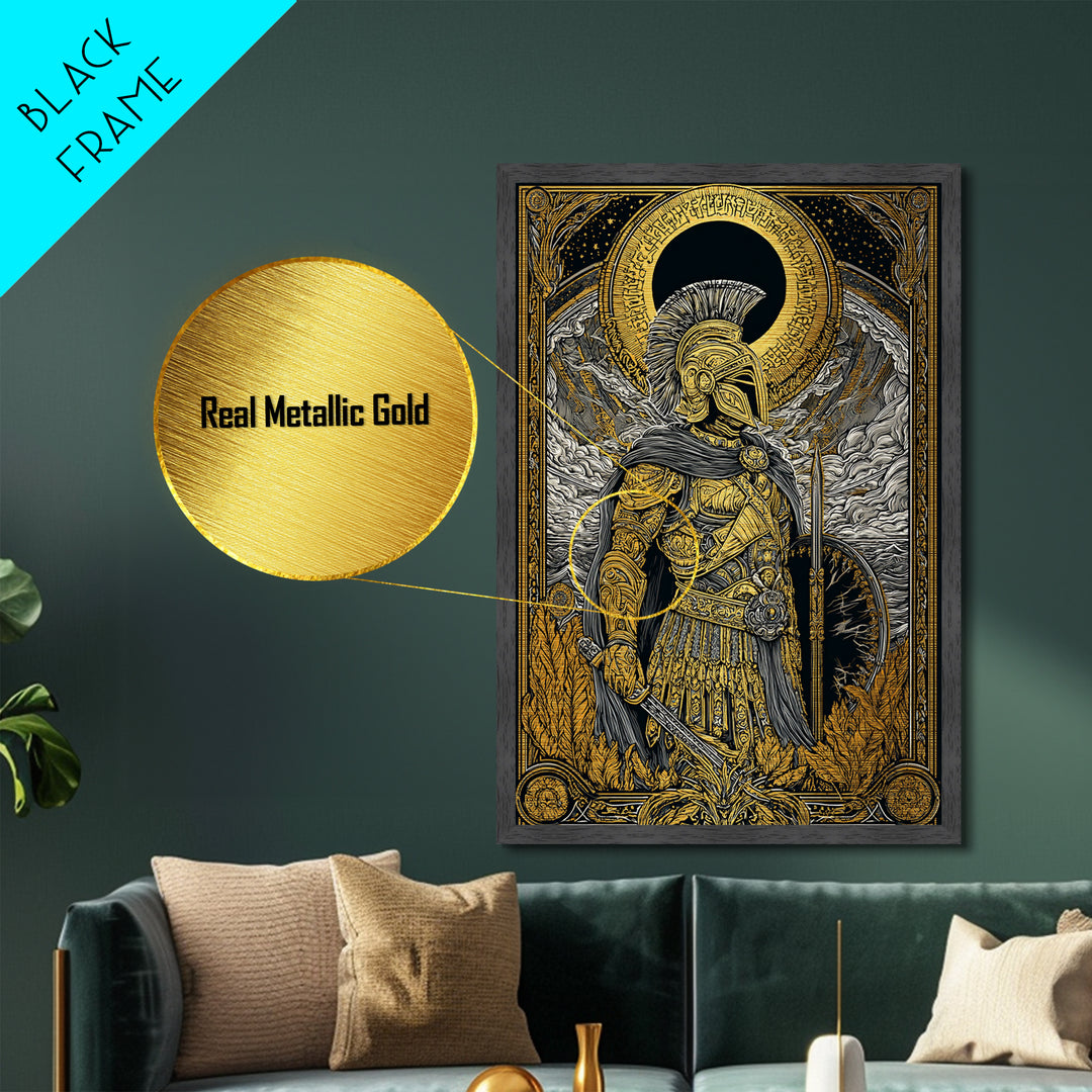 Greek Hoplite Soldier With Shield And Sword, Metallic Gold Art Print, Mythology Inspired Wall Decor, Real Wood Frame Design