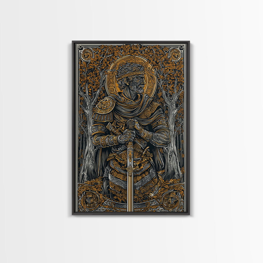 King With Sword In Ornate Armor, Canvas Gold Canvas Print, Medieval Mythology Warrior Wall Art, Real Wood Frame Decoration