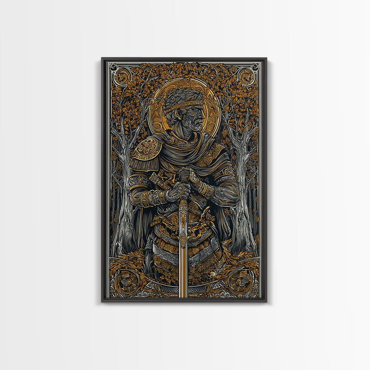King With Sword In Ornate Armor, Canvas Gold Canvas Print, Medieval Mythology Warrior Wall Art, Real Wood Frame Decoration