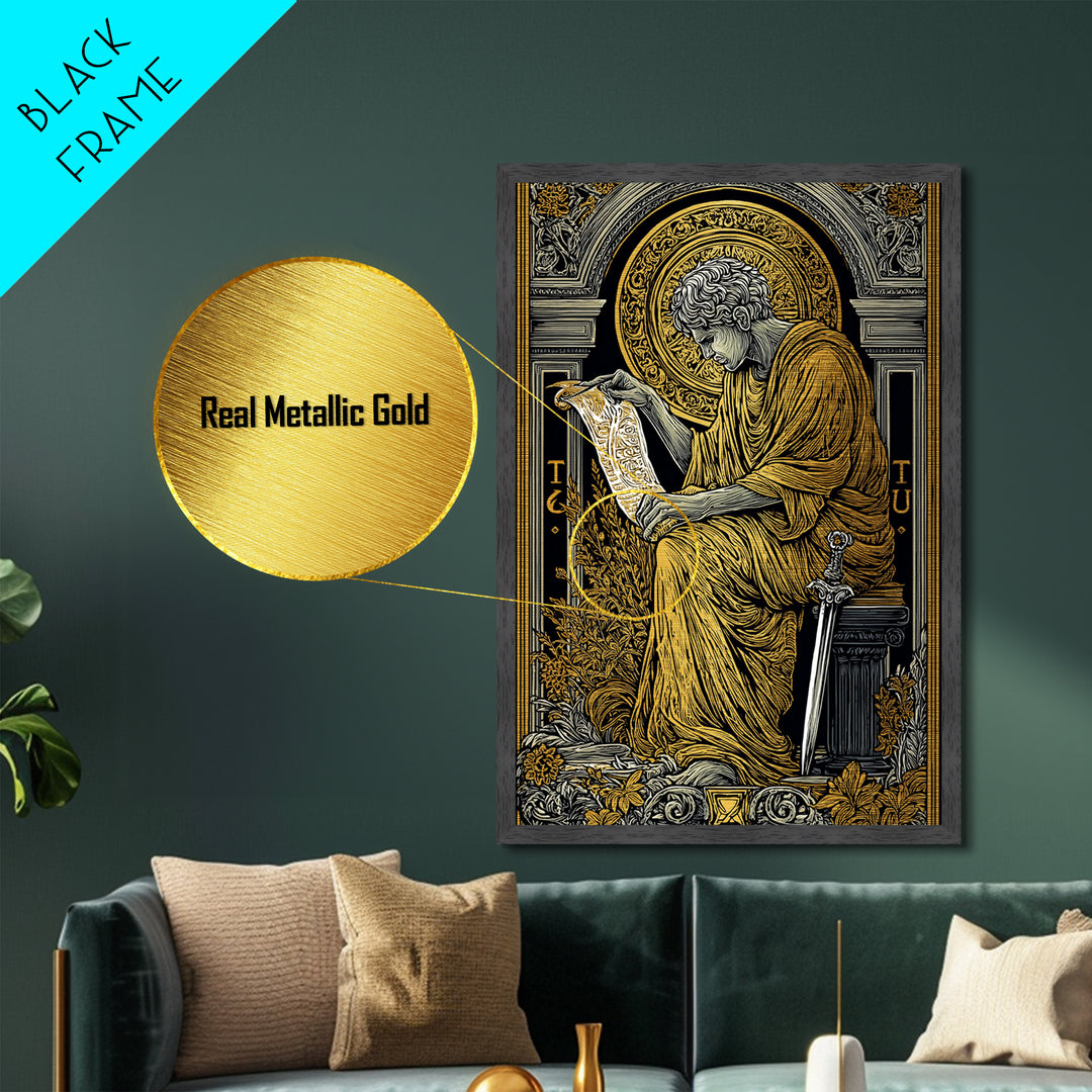 Scholar Reading Ancient Scroll, Metallic Gold Art Print, Roman Inspired Decorative Wall Art, Mythology Style, Real Wood Frame