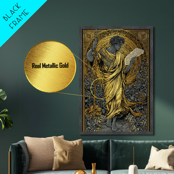 Philosopher Holding Spear And Scroll, Metallic Gold Metal Print, Classical Greek Wall Art, Mythology Inspired, Real Wood Frame