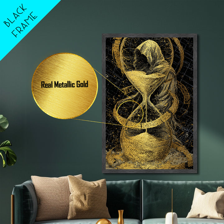 Hooded Figure In Hourglass Timepiece, Metallic Gold Art Print, Mythological Decorative Wall Art, Symbolic Design, Real Wood Frame