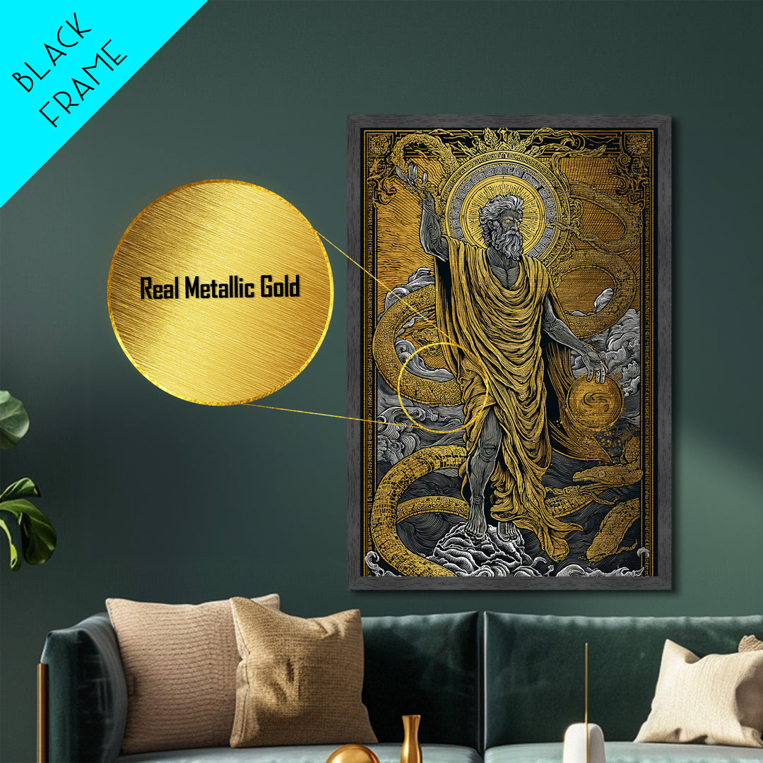 God Of Creation With Ouroboros Serpent, Metallic Gold Metal Print, Ancient Mythology Decorative Wall Art, Real Wood Frame Artwork
