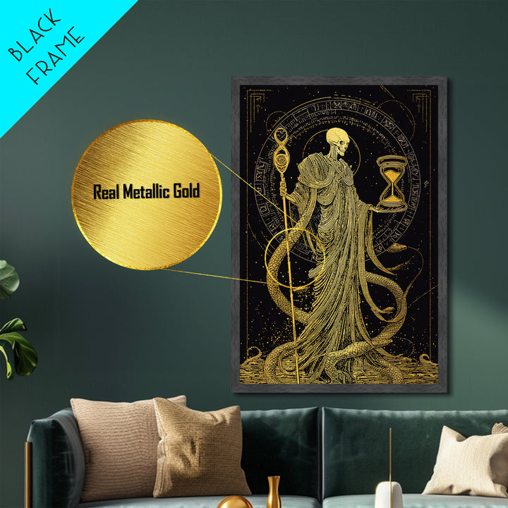 Chronos Metallic Gold Metal Print, Mythological Skeleton Holding Hourglass, Esoteric Wall Art, Real Wood Framed Artwork