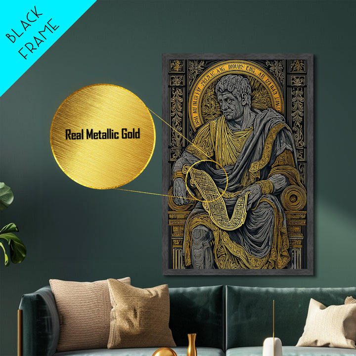 Cicero Metallic Gold Metal Print, Roman Philosopher Scroll Portrait, Stoic Thinker Artwork, Real Wood Frame Home Decor