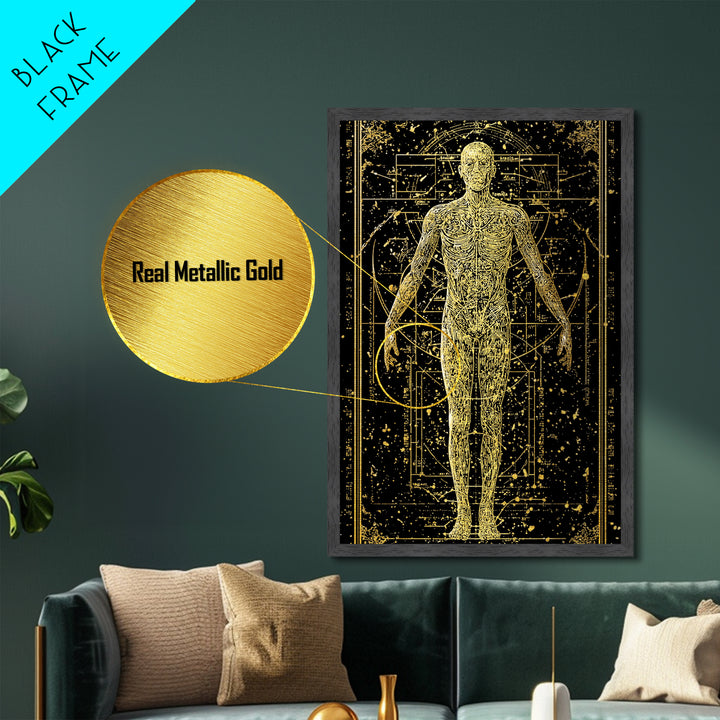 Vitruvian Human Anatomy Metallic Gold Metal Print, Sacred Geometry Wall Art, Celestial Body Illustration, Real Wood Frame Decor