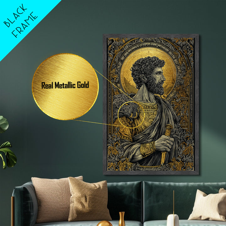 Commodus Metallic Gold Metal Print, Roman Emperor With Sword Portrait, Historical Warrior Wall Art, Real Wood Framed Piece