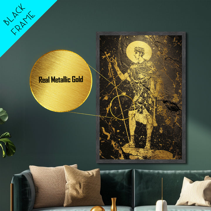 Constantine Metallic Gold Metal Print, Byzantine Roman Emperor Holding Staff Artwork, Regal Historical Wall Art, Wood Frame