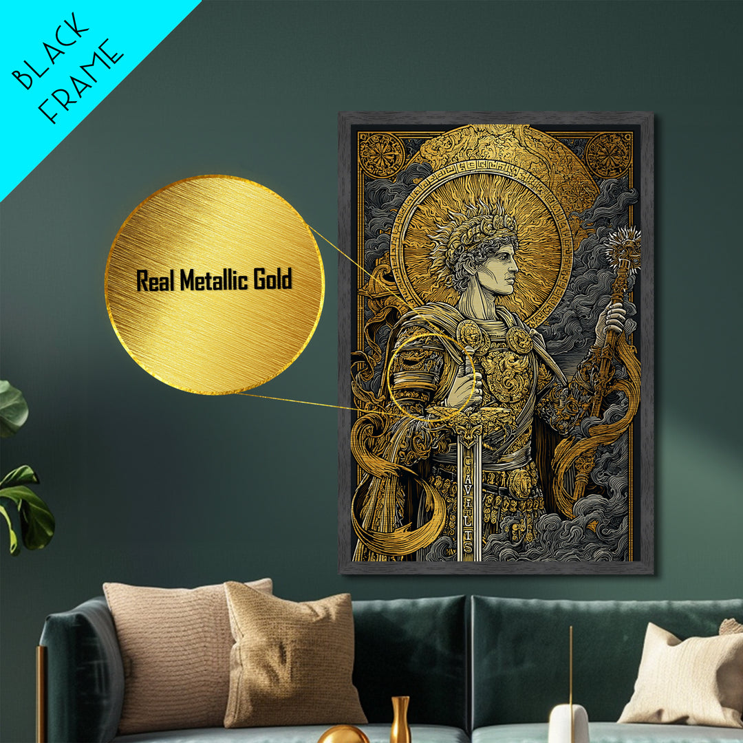 Classical Warrior God Artwork, Metallic Gold Metal Print, Mythology Wall Art, Ancient Roman Style, Real Wood Frame Decor