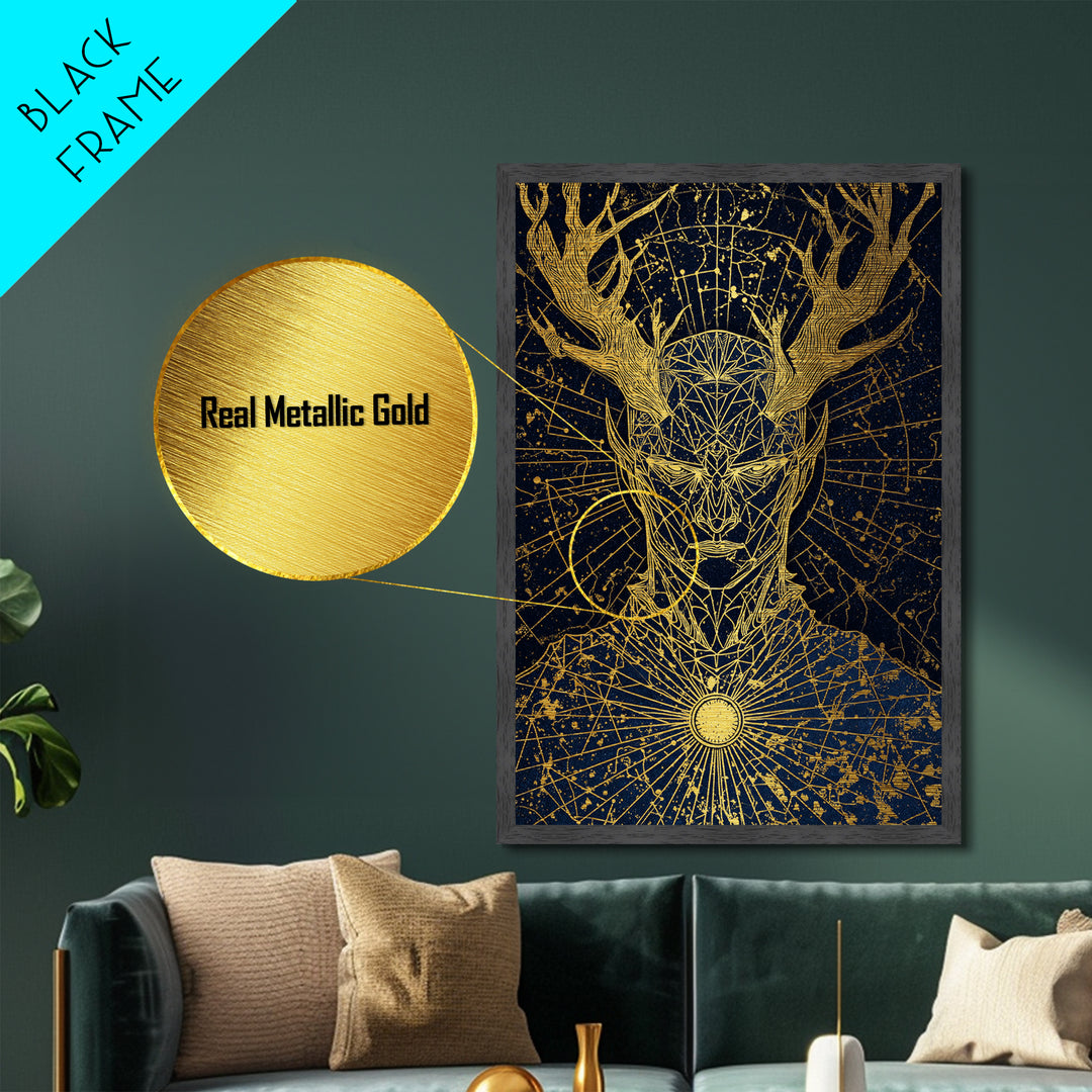 Geometric Antler God Artwork, Metallic Gold Art Print, Mythology Constellation Wall Decor, Cosmic Style, Real Wood Frame
