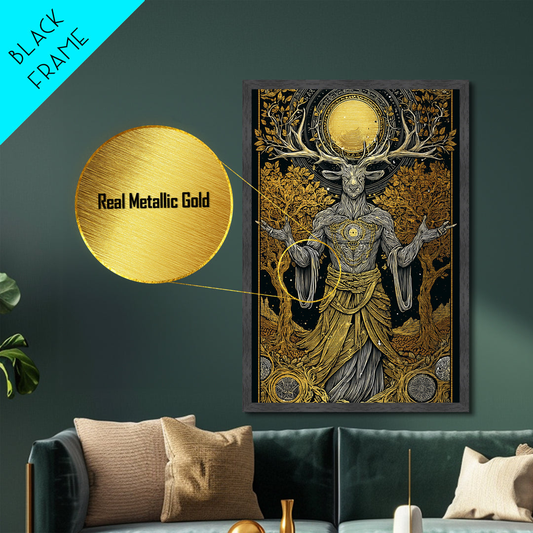 Forest Deer God Artwork, Metallic Gold Metal Print, Pagan Mythology Wall Art, Nature Spirit Decor, Real Wood Frame Accent