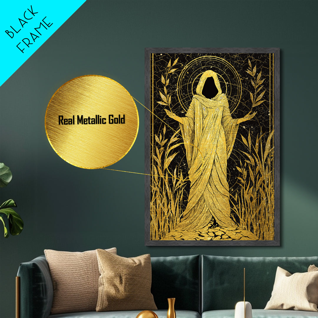 Mystical Hooded Figure Artwork, Metallic Gold Art Print, Mythology Spiritual Wall Decor, Divine Goddess Style, Real Wood Frame