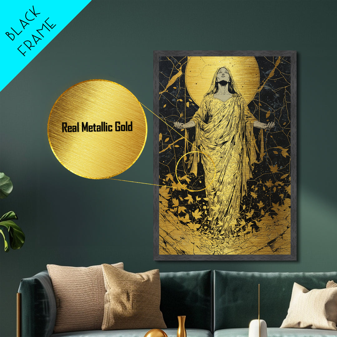 Ancient Goddess Rising Artwork, Metallic Gold Metal Print, Mythology Divine Feminine Wall Art, Celestial Style, Real Wood Frame