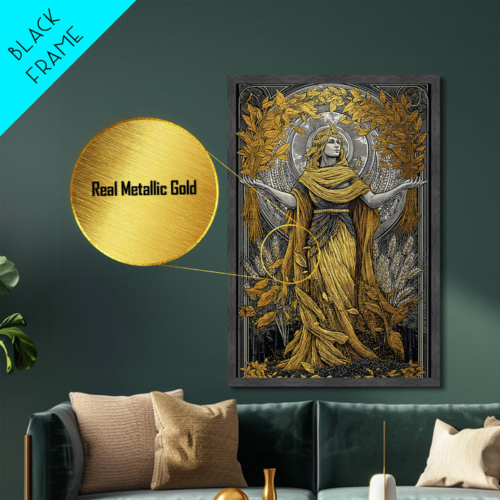Harvest Goddess Artwork, Metallic Gold Art Print, Ancient Mythology Wall Decor, Wheat and Leaves Motif, Real Wood Frame Display
