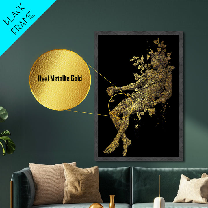 Resting God With Wine Artwork, Metallic Gold Metal Print, Mythology Dionysus Inspired Wall Art, Mosaic Style, Real Wood Frame