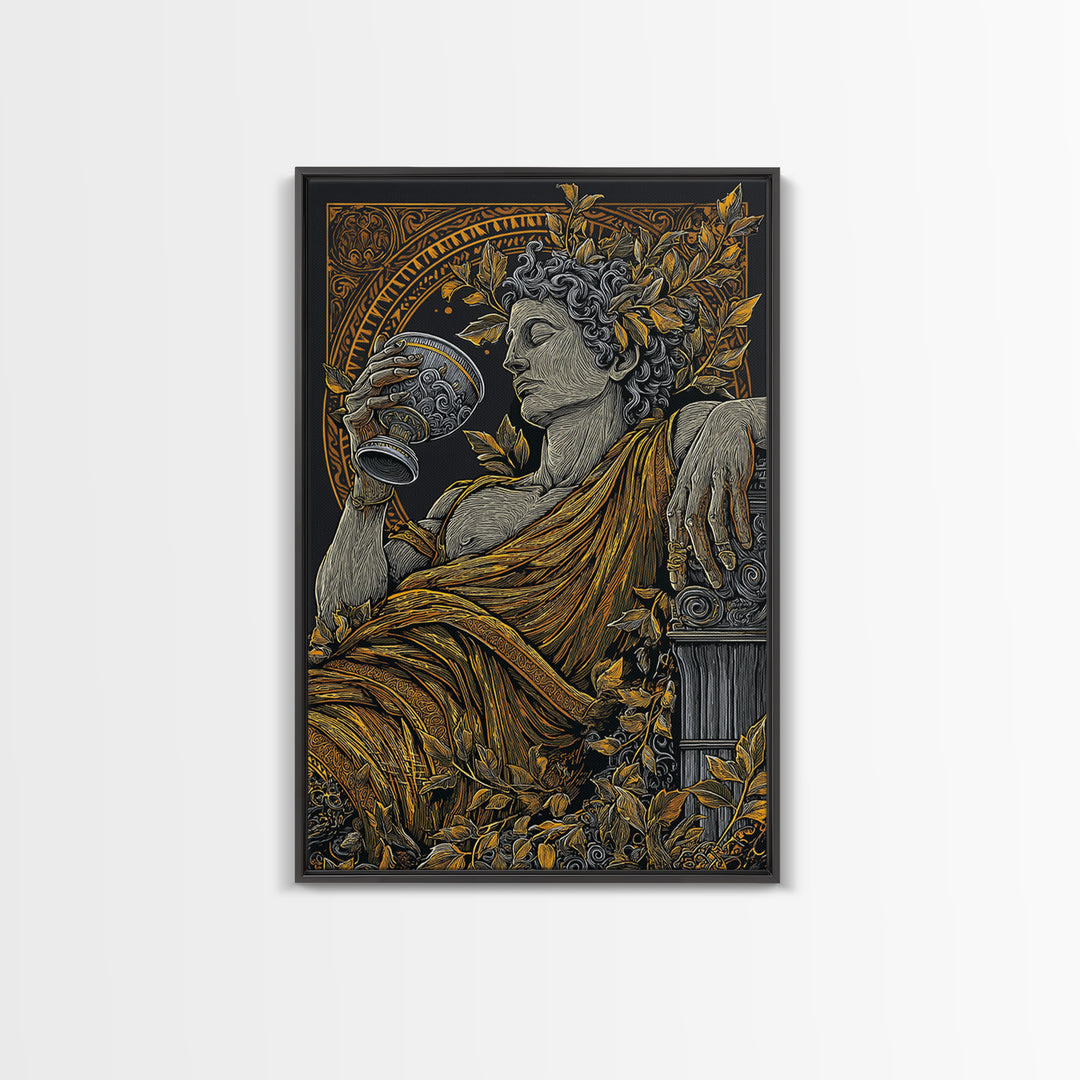 Reclining God With Chalice Artwork, Canvas Gold Art Print, Mythology Inspired Wall Decor, Classical Greek Style, Real Wood Frame