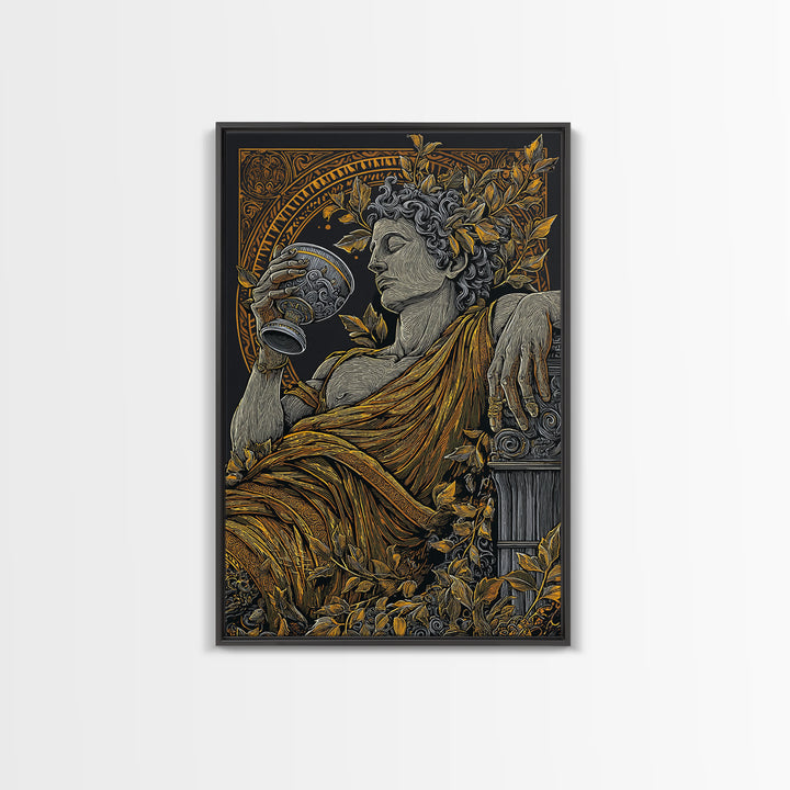 Reclining God With Chalice Artwork, Canvas Gold Art Print, Mythology Inspired Wall Decor, Classical Greek Style, Real Wood Frame