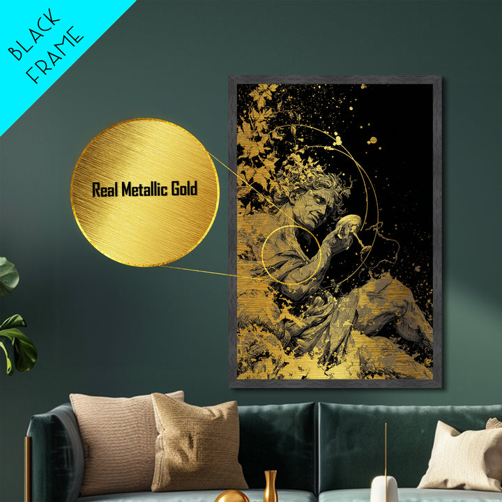 Mythology God Drinking Artwork, Metallic Gold Metal Print, Ancient Dionysus Inspired Wall Art, Wine Motif Decor, Real Wood Frame