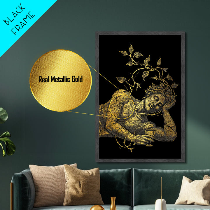 Sleeping God With Vines Artwork, Metallic Gold Art Print, Mythology Dionysus Inspired Wall Decor, Mosaic Style, Real Wood Frame