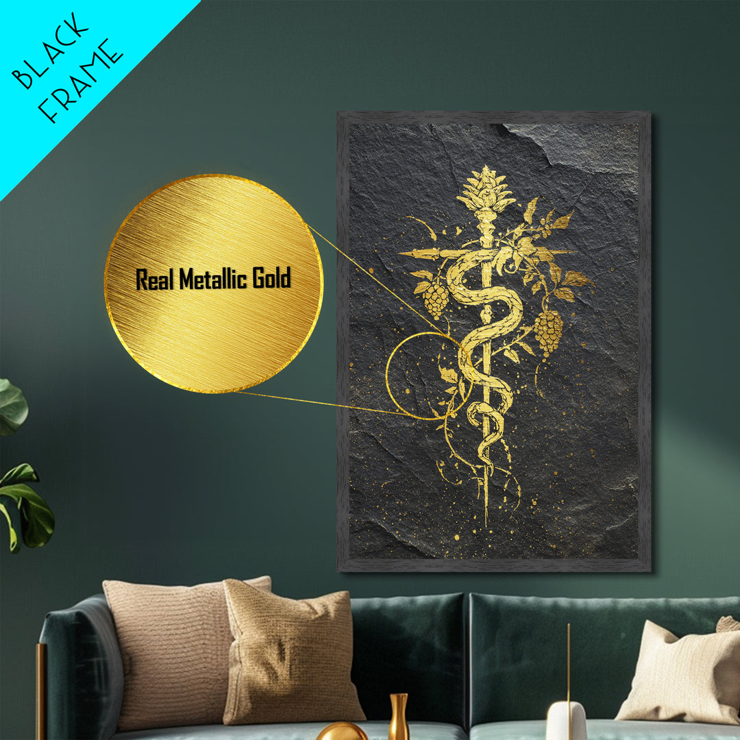 Mythical Serpent Staff Metallic Gold Metal Print, Ancient Symbolic Snake Art, Luxury Decor With Real Wood Frame