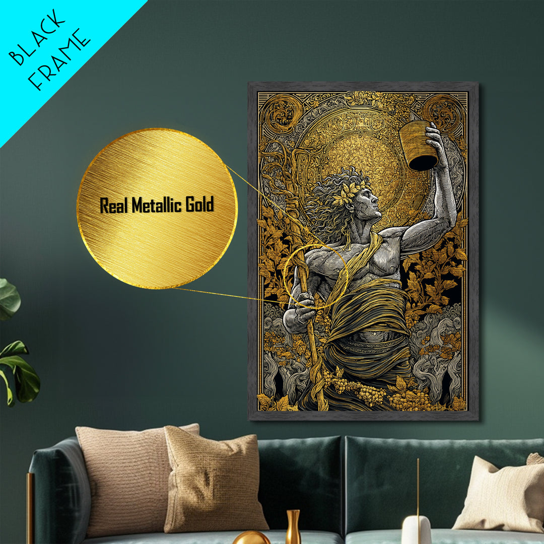 Dionysus Celebration Metallic Gold Metal Print, Greek God Of Wine Wall Art, Mythology Decor With Real Wood Frame