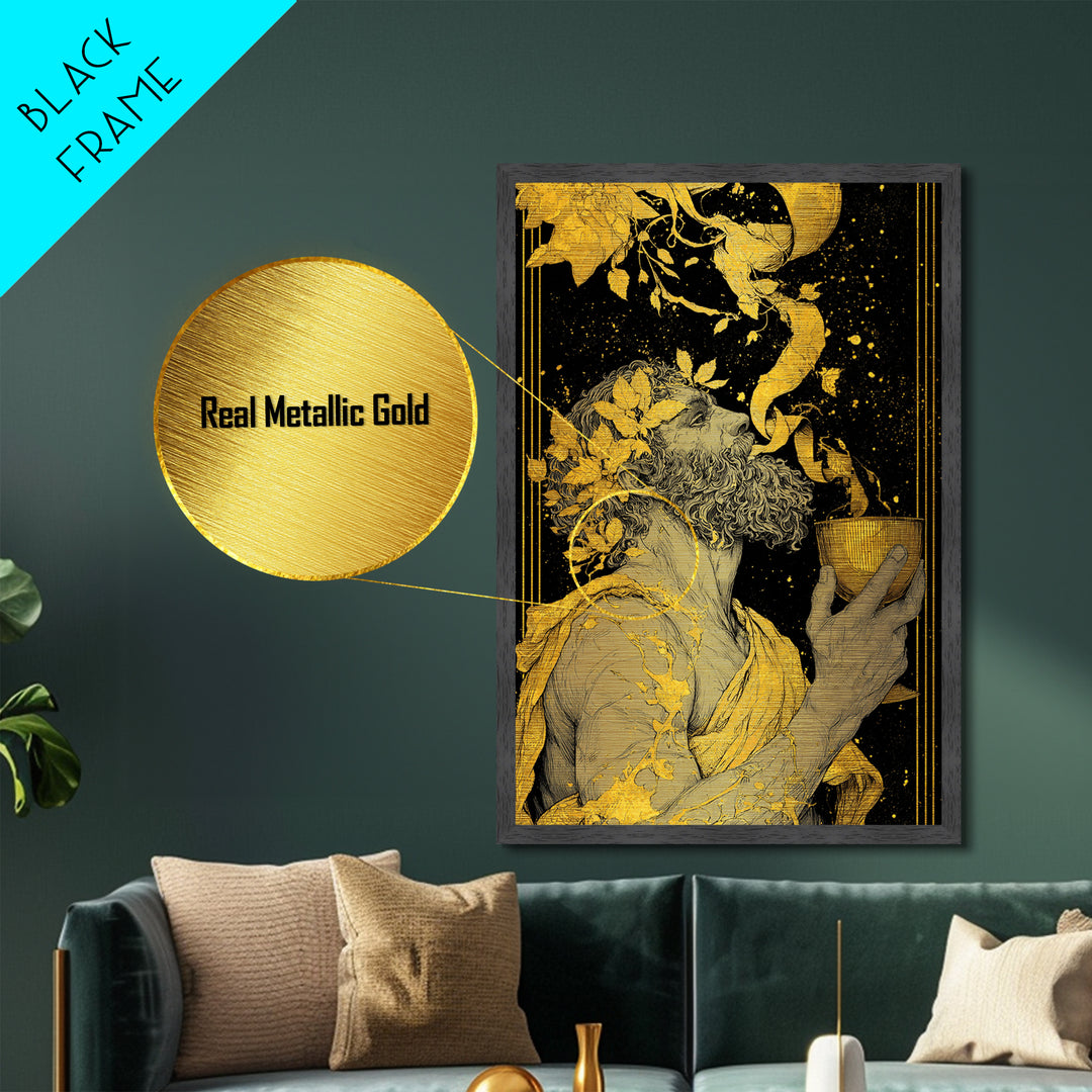Bearded Dionysus Metallic Gold Metal Print, Greek Mythology Wine God Wall Art, Regal Luxury Decor With Real Wood Frame