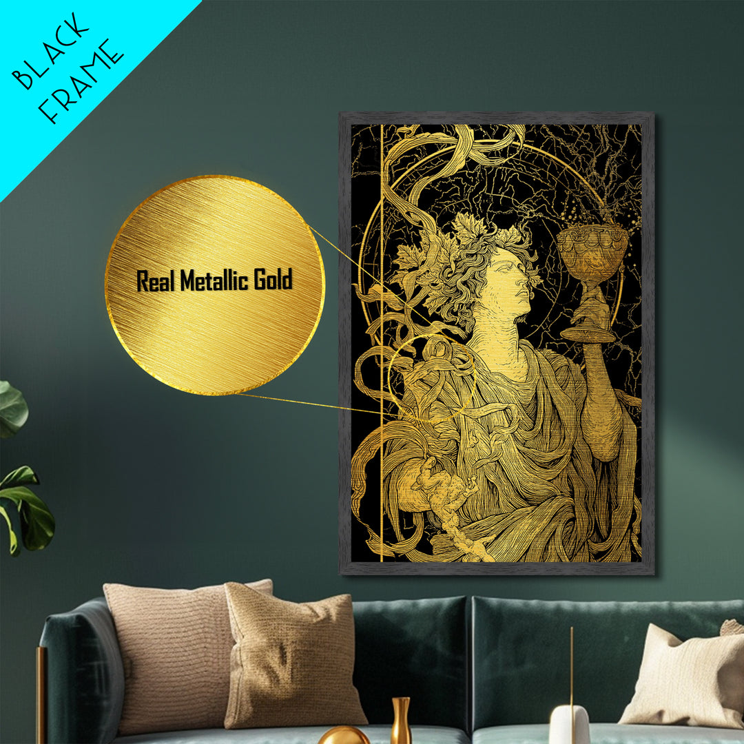 Dionysus With Chalice Metallic Gold Metal Print, Ancient Greek God Art, Mythology Home Decor With Real Wood Frame