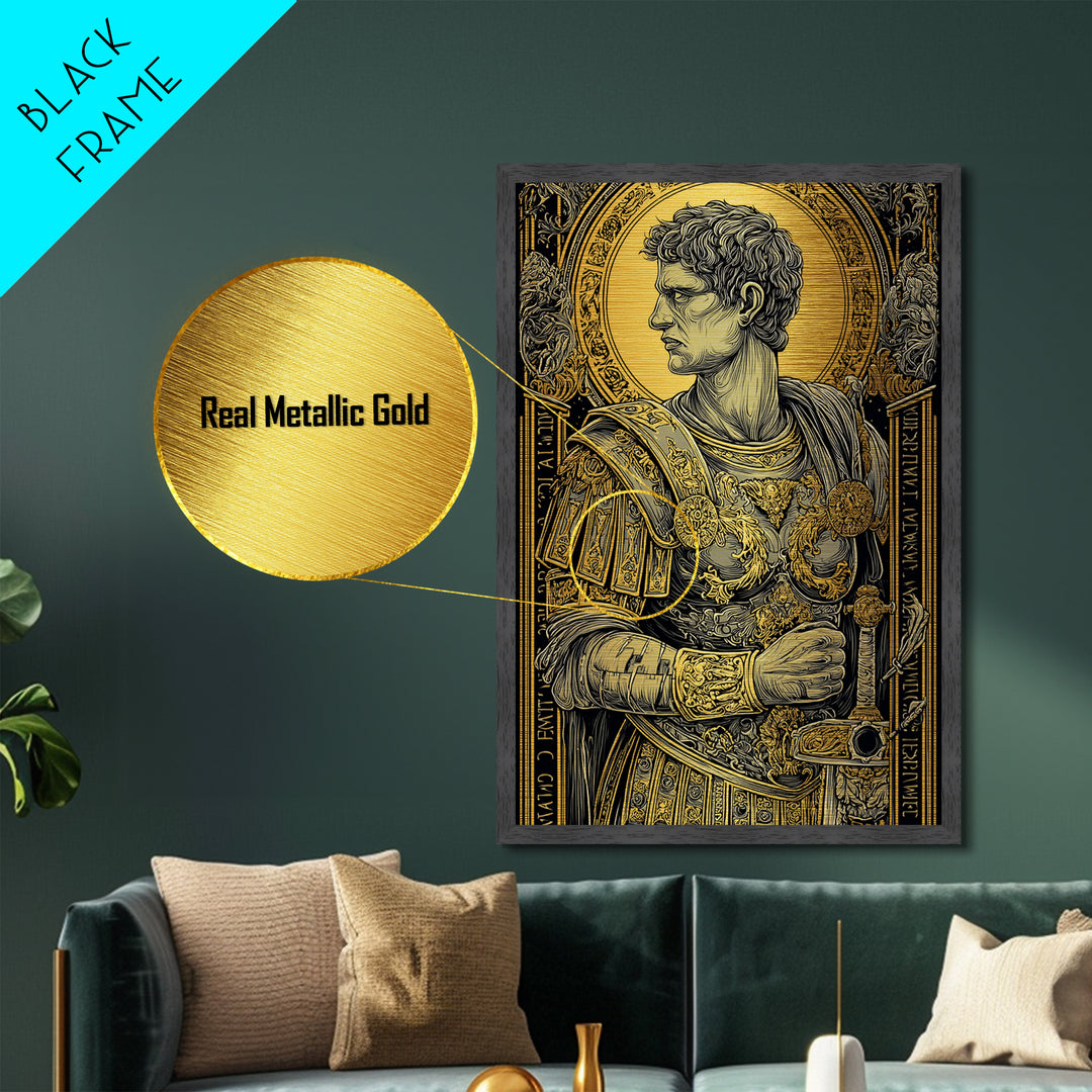 Roman General Portrait Metallic Gold Metal Print, Ancient Warrior Wall Art, Regal Classical Decor With Real Wood Frame