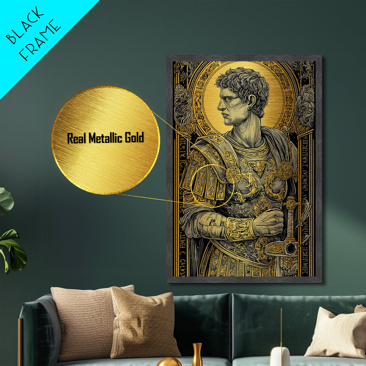 Roman General Portrait Metallic Gold Metal Print, Ancient Warrior Wall Art, Regal Classical Decor With Real Wood Frame