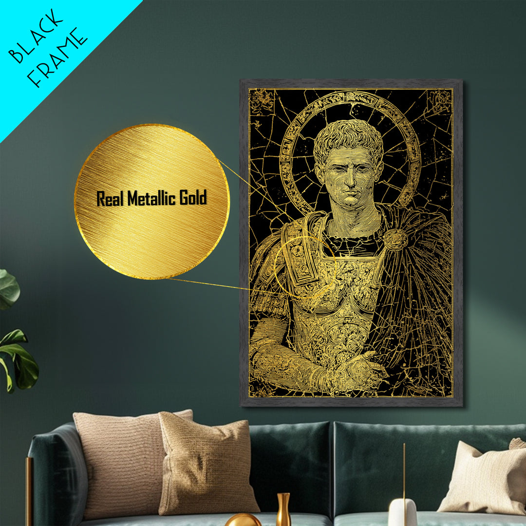 Augustus Caesar Metallic Gold Metal Print, Roman Emperor Portrait Wall Art, Ancient Regal Decor With Real Wood Frame