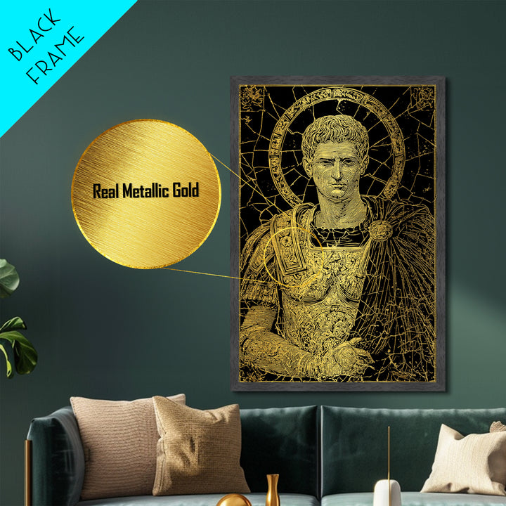 Augustus Caesar Metallic Gold Metal Print, Roman Emperor Portrait Wall Art, Ancient Regal Decor With Real Wood Frame