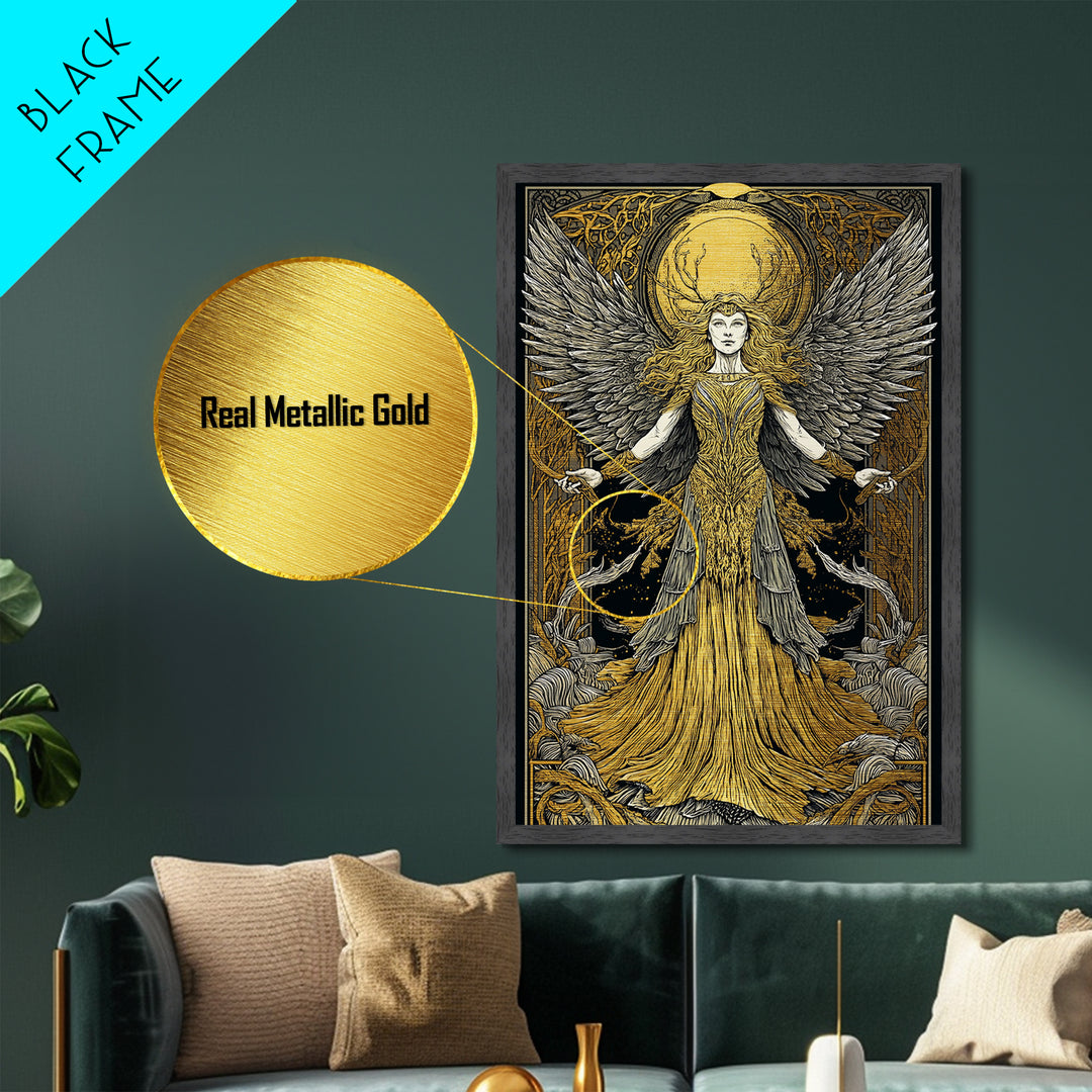 Mythical Winged Goddess Metallic Gold Metal Print, Fantasy Divine Woman Art, Ethereal Luxury Decor With Real Wood Frame