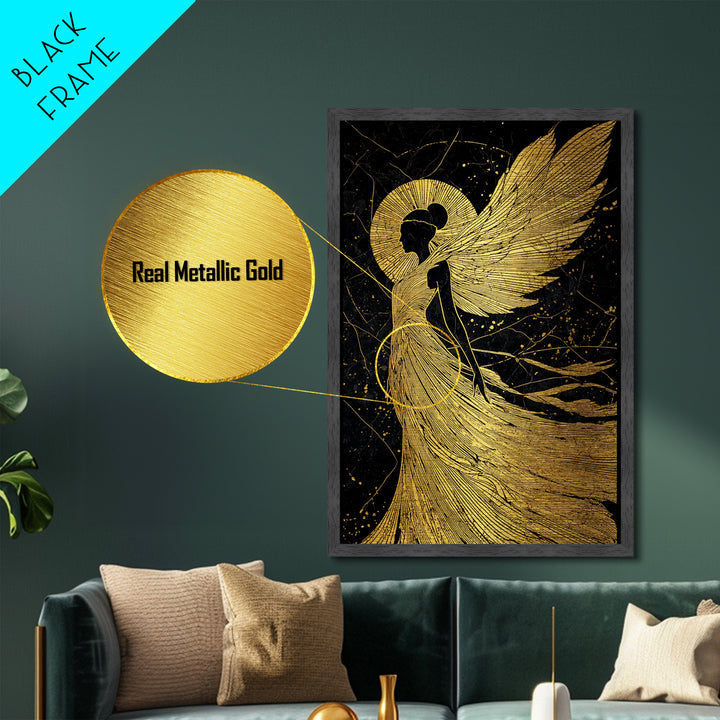 Golden Angelic Silhouette Metallic Gold Metal Print, Elegant Divine Figure Art, Celestial Decor With Real Wood Frame