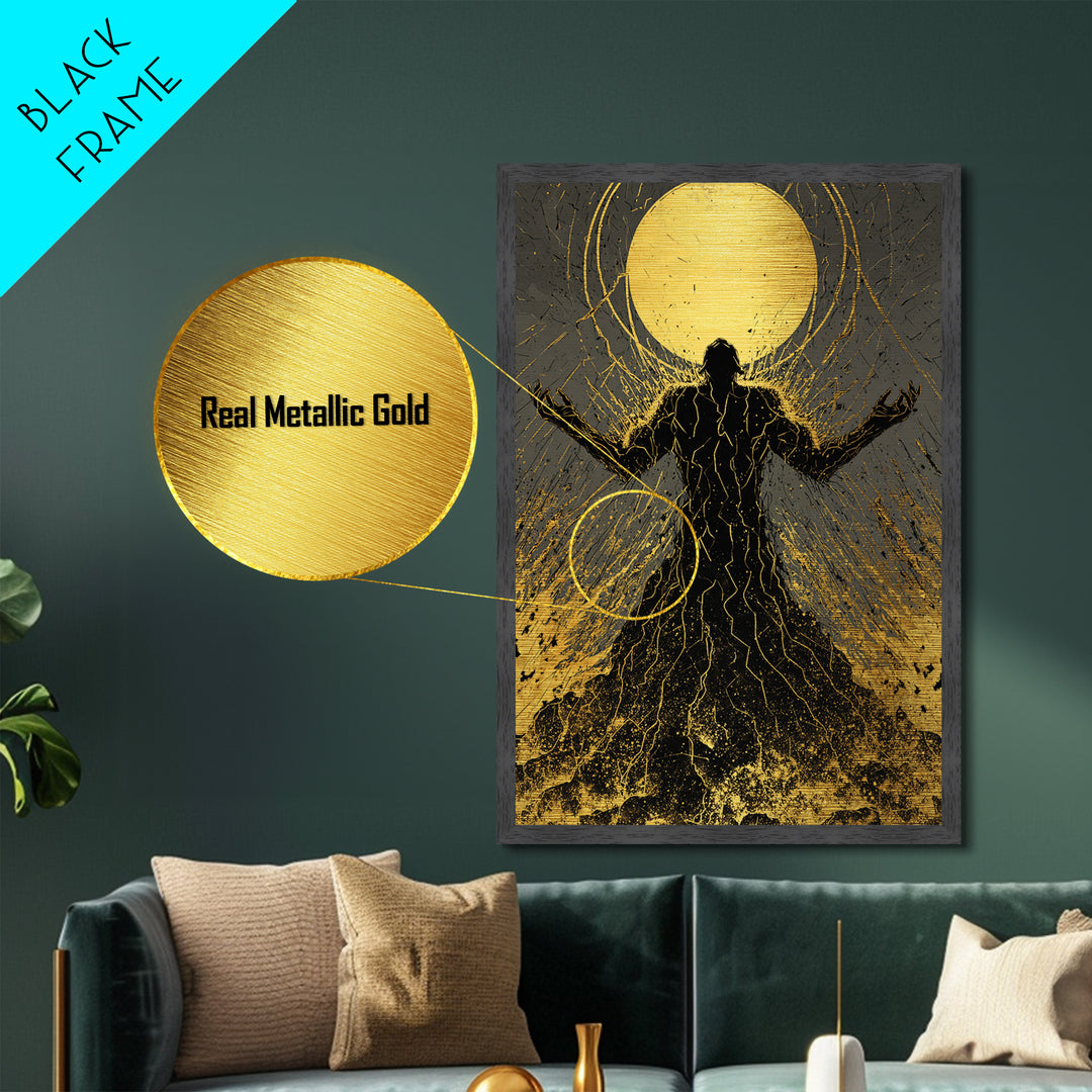Cosmic Ascension Metallic Gold Metal Print, Abstract Silhouette Moon Art, Spiritual Mythology Decor With Real Wood Frame