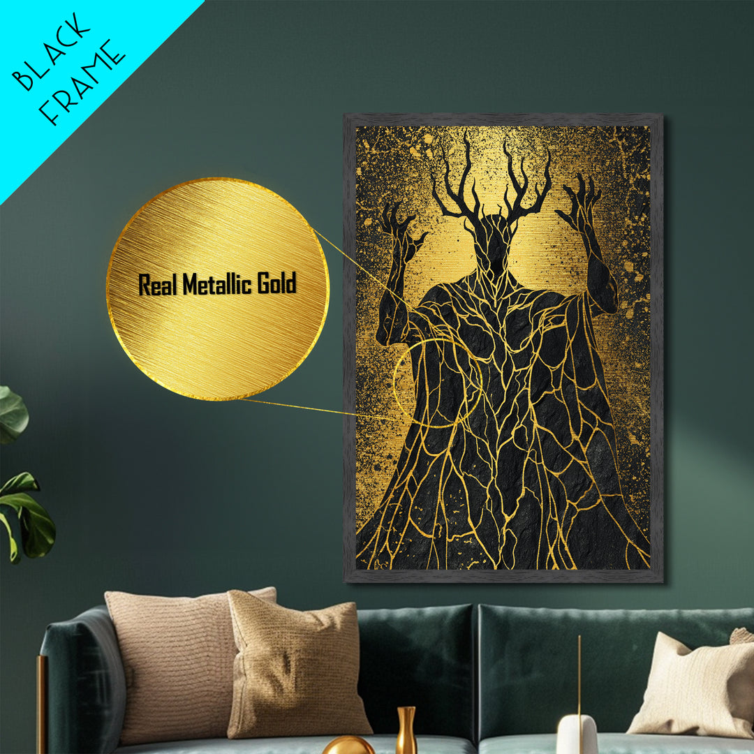 Antlered Mythical Deity Metallic Gold Metal Print, Fantasy Abstract Wall Art, Mystical Surreal Figure, Real Wood Frame