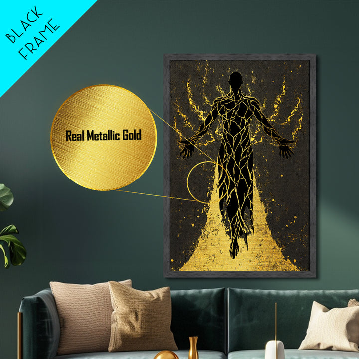 Radiant Ascension Metallic Gold Metal Print, Mythological Abstract Silhouette, Celestial Fantasy Wall Art, Real Wood Frame