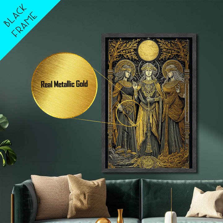 Three Goddesses Mythological Metallic Gold Metal Print, Greek Goddess Wall Art, Sacred Feminine Decorative Art, Real Wood Frame