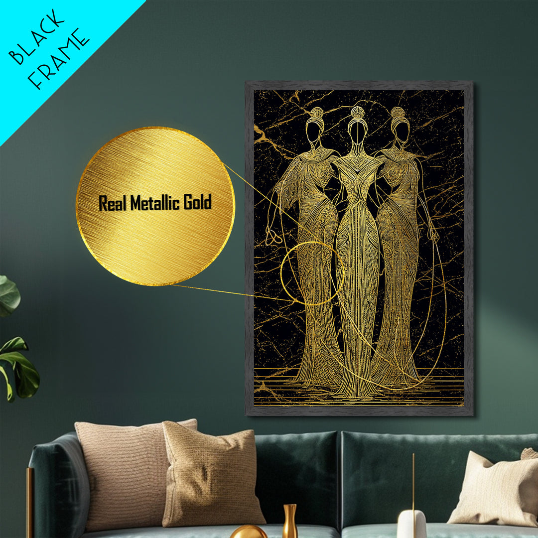 The Fates Mythological Metallic Gold Metal Print, Destiny Goddess Wall Art, Greek Myth Symbolism, Elegant Decor, Real Wood Frame
