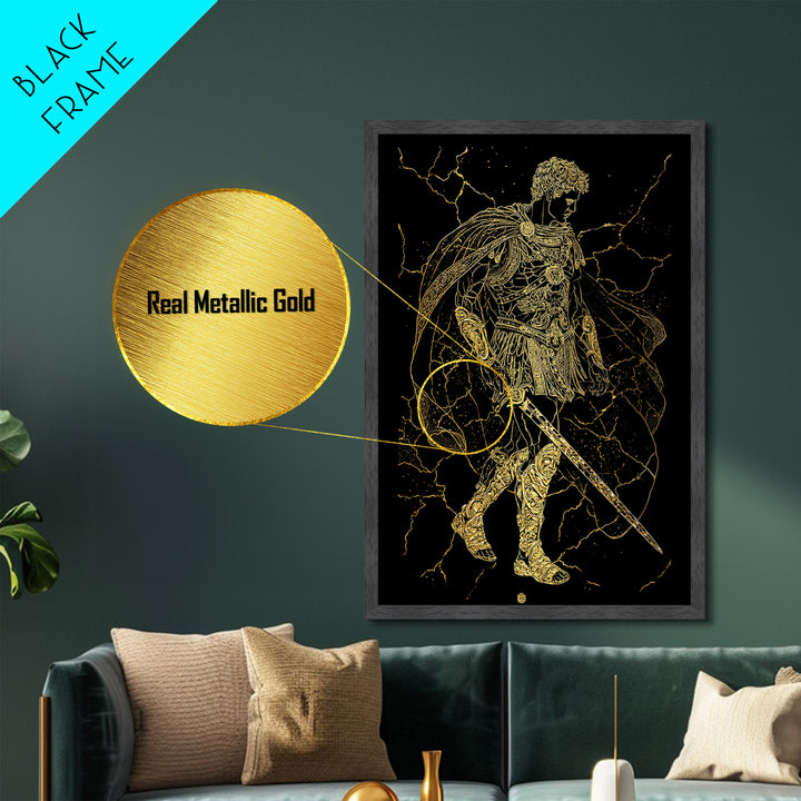 Roman Warrior Hero Metallic Gold Metal Print, Ancient Gladiator Wall Art, Mythological Soldier Decor, Real Wood Frame