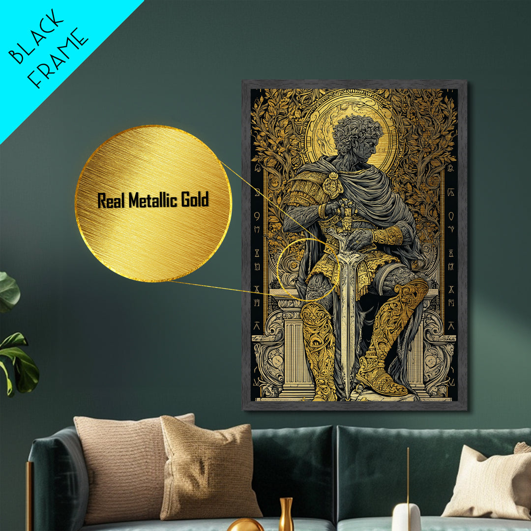 Seated Roman King Metallic Gold Metal Print, Ancient Emperor Wall Art, Regal Mythological Decor, Real Wood Frame