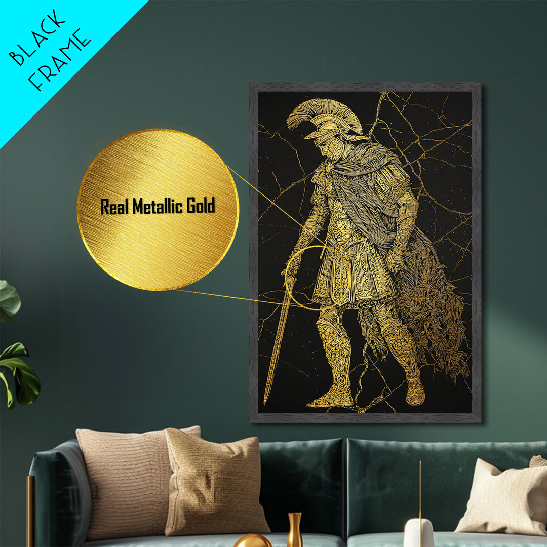 Mythical Roman Soldier Metallic Gold Metal Print, Ancient Gladiator Wall Art, Warrior Decorative Art, Real Wood Frame