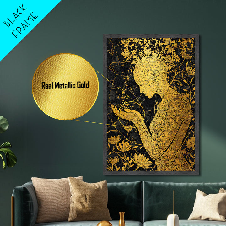 Floral Spirit Goddess Metallic Gold Metal Print, Botanical Mythological Wall Art, Feminine Divine Decor, Real Wood Frame