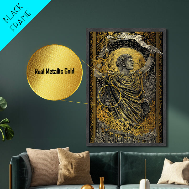 Ancient Roman Emperor Metallic Gold Metal Print, Greek Mythological Wall Art, Heroic Decorative Art, Real Wood Frame