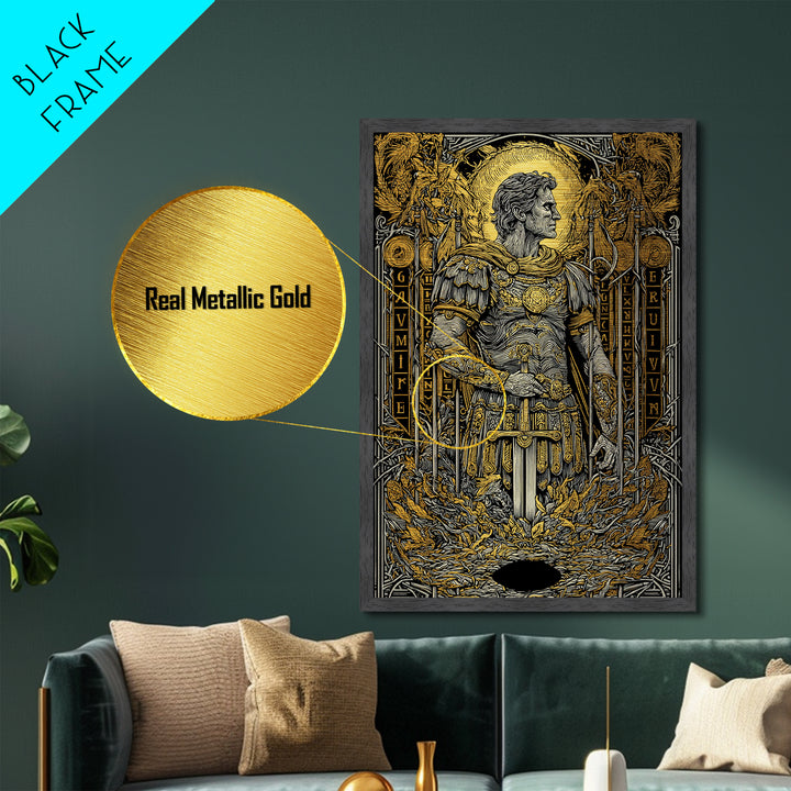 Roman Warrior Holding Sword, Metallic Gold Metal Print, Ancient Soldier Artwork, Mythology Wall Art, Real Wood Frame