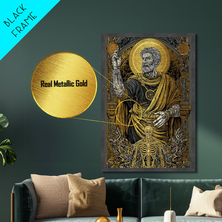 Ancient Philosopher With Skeleton, Metallic Gold Metal Print, Mythology Wall Art, Classical History Artwork, Real Wood Frame