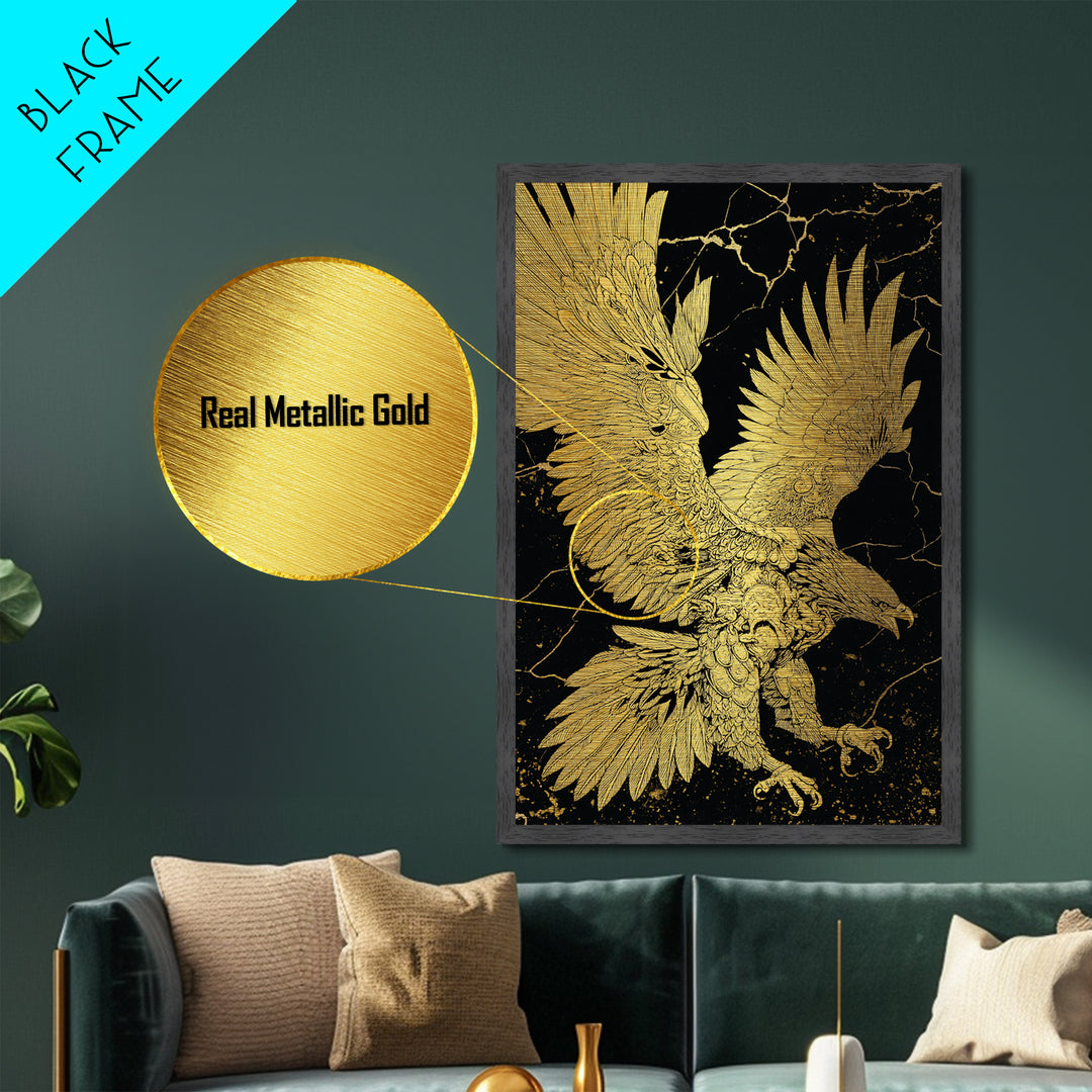 Majestic Eagle In Flight, Metallic Gold Art, Mythology Inspired Bird Print, Ancient Symbol Wall Decor, Luxury Real Wood Frame