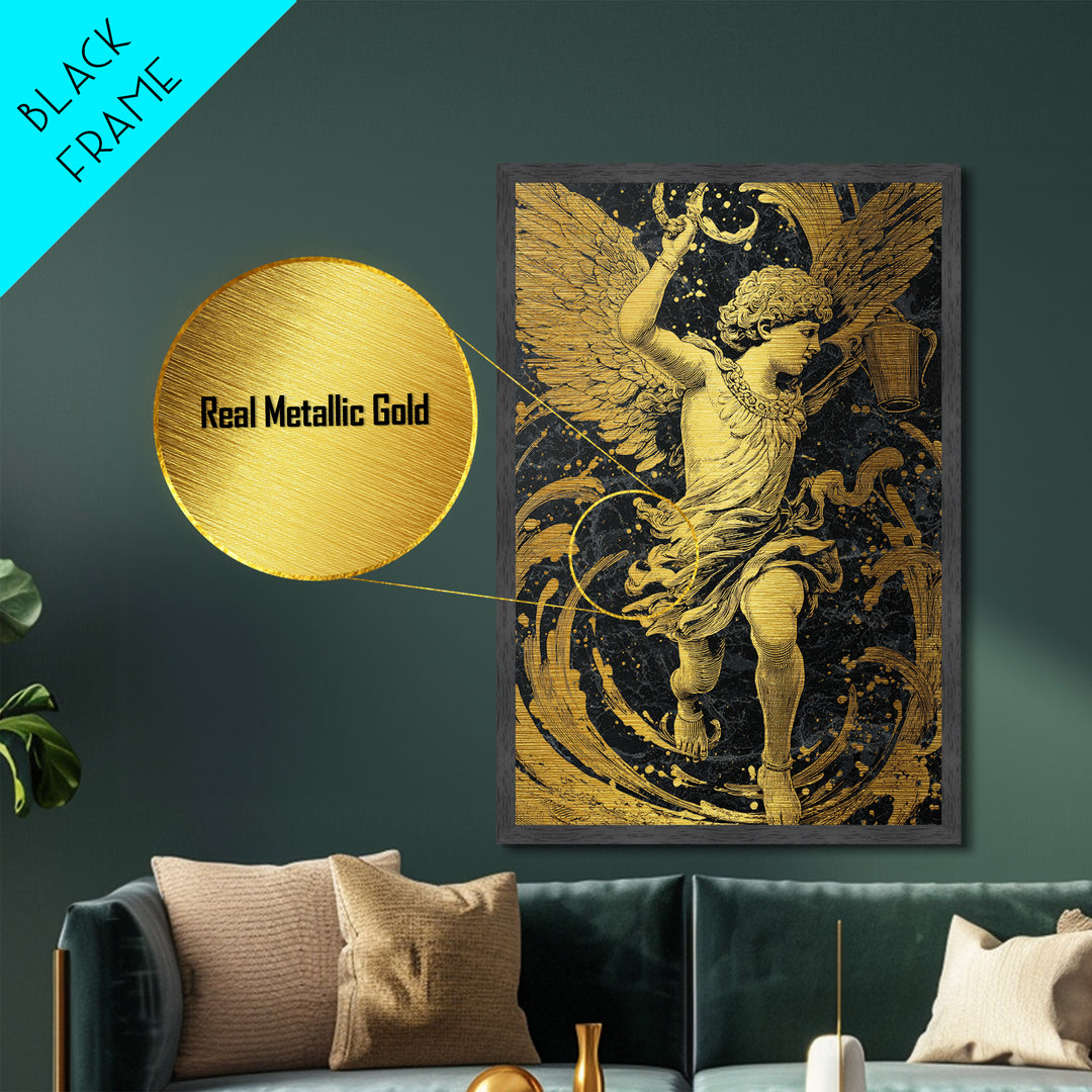 Winged Angel With Water Vessel, Metallic Gold Metal Print, Mythology Inspired Artwork, Ancient Classical Decor, Real Wood Frame
