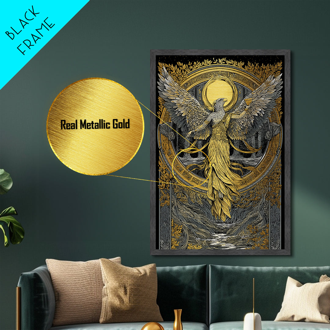 Eagle Headed Deity Holding Chalice, Metallic Gold Art, Mythology Inspired Wall Print, Ancient Symbol Artwork, Real Wood Frame