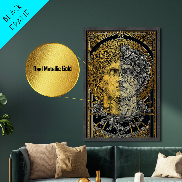 Dual Faced Mythological Bust, Metallic Gold Metal Print, Ancient Symbolic Artwork, Mythology Inspired Wall Decor, Real Wood Frame