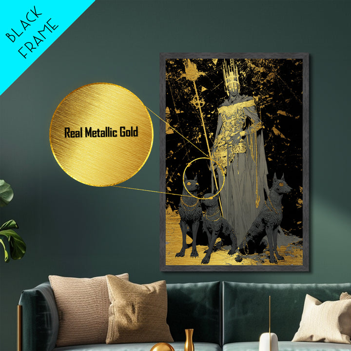 Dark King With Hounds, Metallic Gold Art, Mythology Inspired Metal Print, Ancient Underworld Wall Artwork, Real Wood Frame